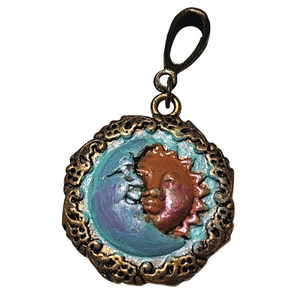 Hand Painted Moon Sun Pendant Antique Gold Tone Finish Celestial Fashion Jewelry